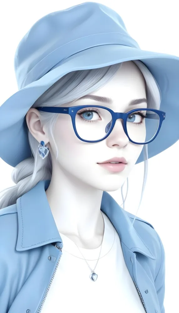 A White Woman Age 25 With A Blue Hat And Glasses Wearing A Blue Jacket Light Skin Long White Hair Earrings White Background 52 5d6e