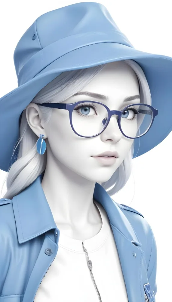 A White Woman Age 25 With A Blue Hat And Glasses Wearing A Blue Jacket Light Skin Long White Hair Earrings White Background 57 683e