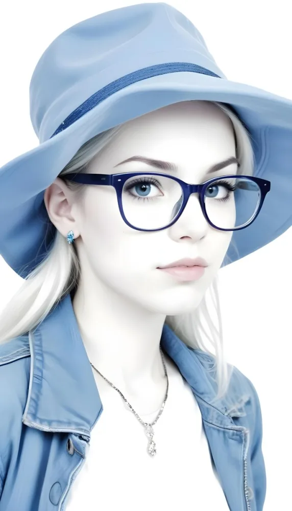 A White Woman Age 25 With A Blue Hat And Glasses Wearing A Blue Jacket Light Skin Long White Hair Earrings White Background 6 D8f6