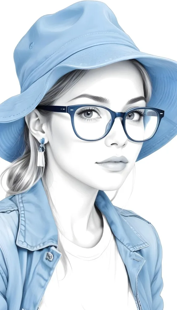 A White Woman Age 25 With A Blue Hat And Glasses Wearing A Blue Jacket Light Skin Long White Hair Earrings White Background 9 D1b6