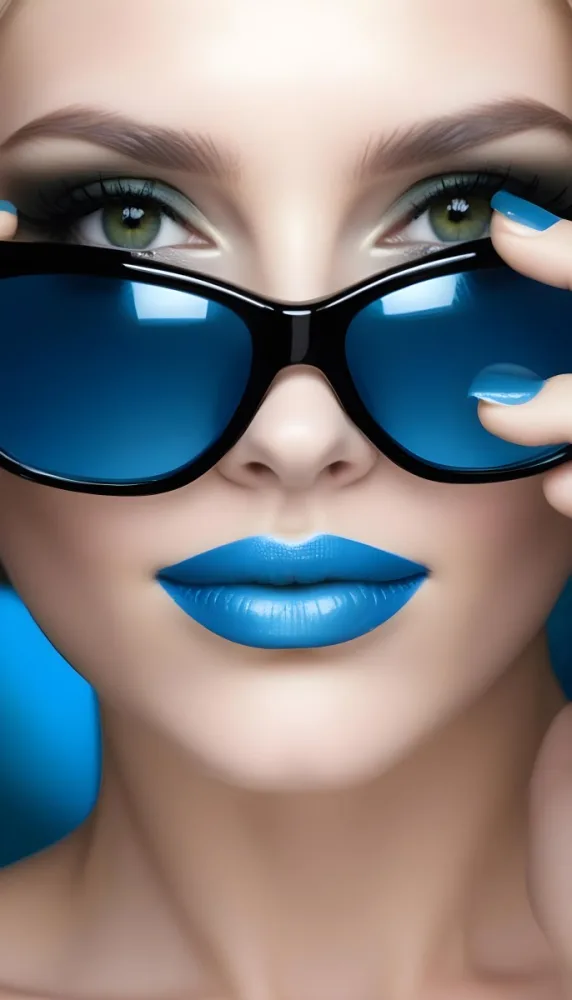 A White Woman Age 25 With Black Eyes And Green Lipstick Wearing Black Sunglasses With Blue Lenses In A White Background 2 9898