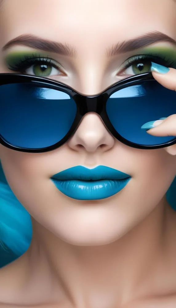 A White Woman Age 25 With Black Eyes And Green Lipstick Wearing Black Sunglasses With Blue Lenses In A White Background 36 4154