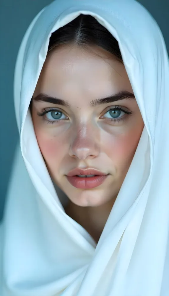 A White Woman Age 25 With Black Eyes And White Eyelashes Partially Covered By A White Silk Veil In A Blue Background 1 818b
