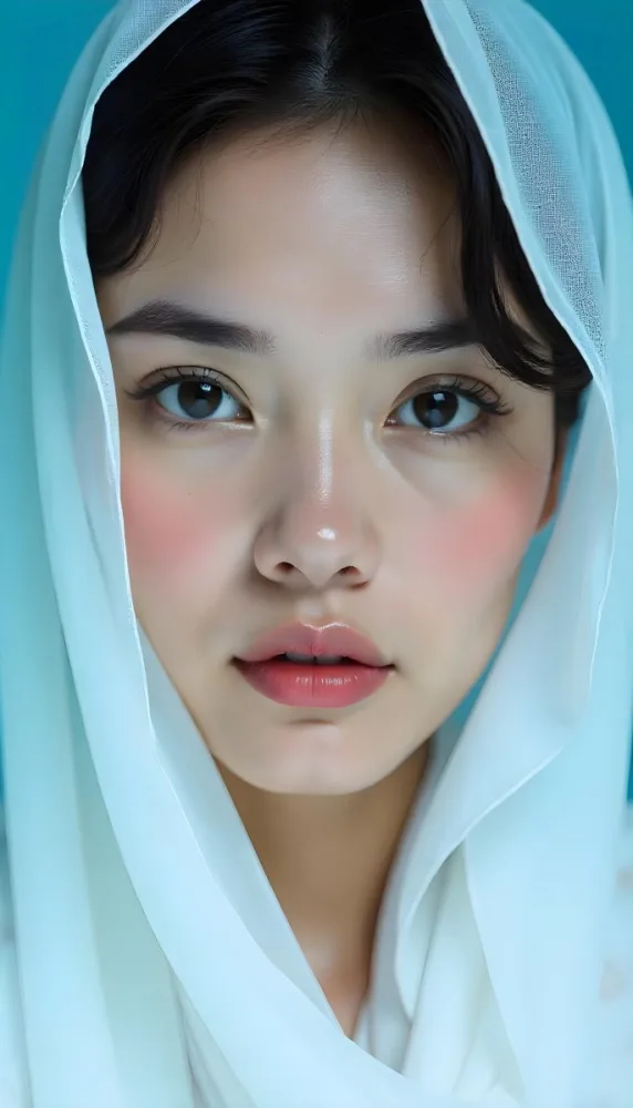 A White Woman Age 25 With Black Eyes And White Eyelashes Partially Covered By A White Silk Veil In A Blue Background 10 0ce9