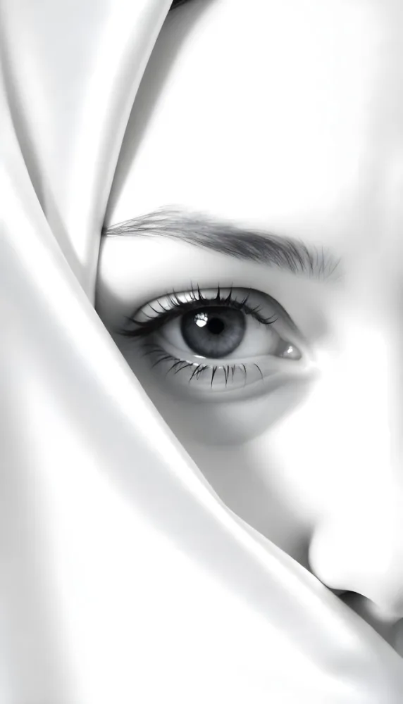A White Woman Age 25 With Black Eyes And White Eyelashes Partially Covered By A White Silk Veil In A Blue Background 11 A203