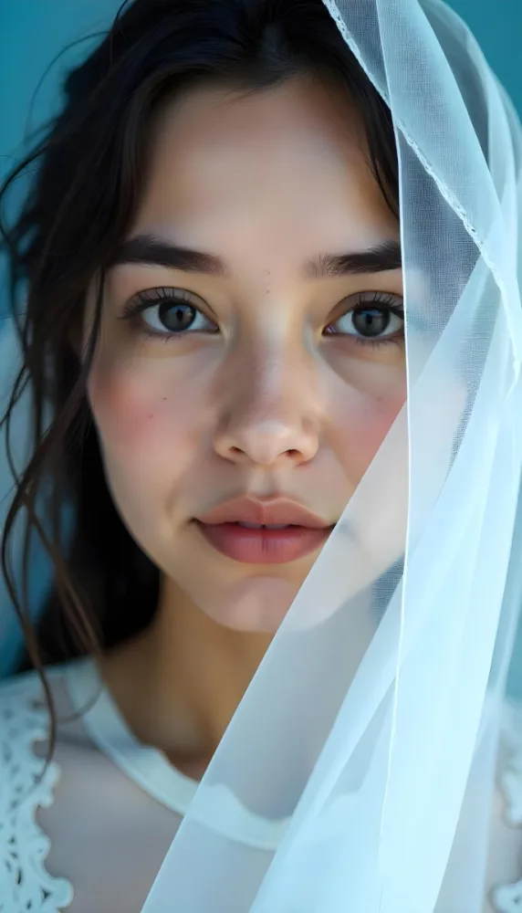 A White Woman Age 25 With Black Eyes And White Eyelashes Partially Covered By A White Silk Veil In A Blue Background 15 5140