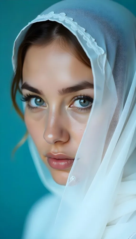 A White Woman Age 25 With Black Eyes And White Eyelashes Partially Covered By A White Silk Veil In A Blue Background 17 Fb60
