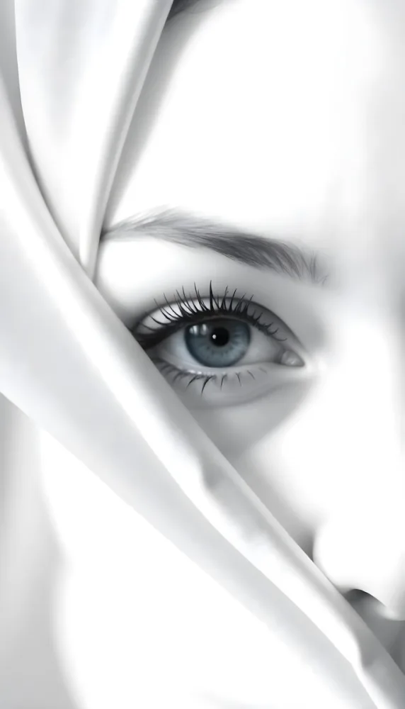 A White Woman Age 25 With Black Eyes And White Eyelashes Partially Covered By A White Silk Veil In A Blue Background 26 F6a1