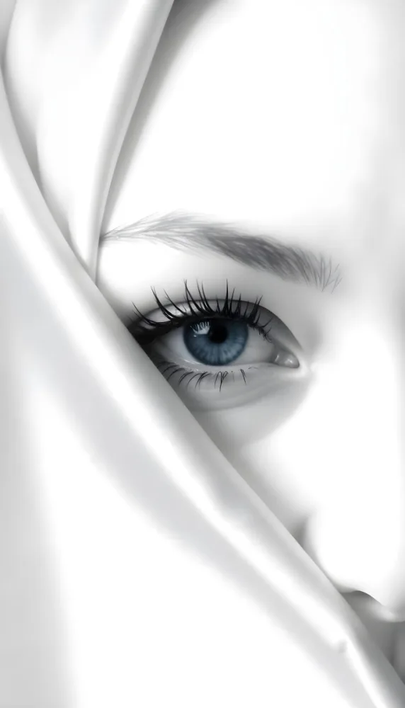 A White Woman Age 25 With Black Eyes And White Eyelashes Partially Covered By A White Silk Veil In A Blue Background 28 48cc