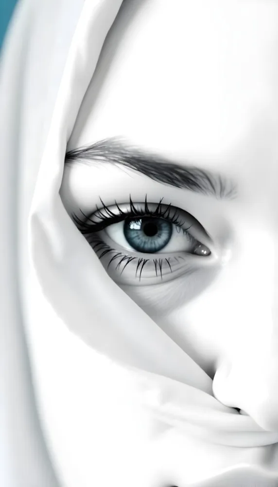 A White Woman Age 25 With Black Eyes And White Eyelashes Partially Covered By A White Silk Veil In A Blue Background 6 Aeef