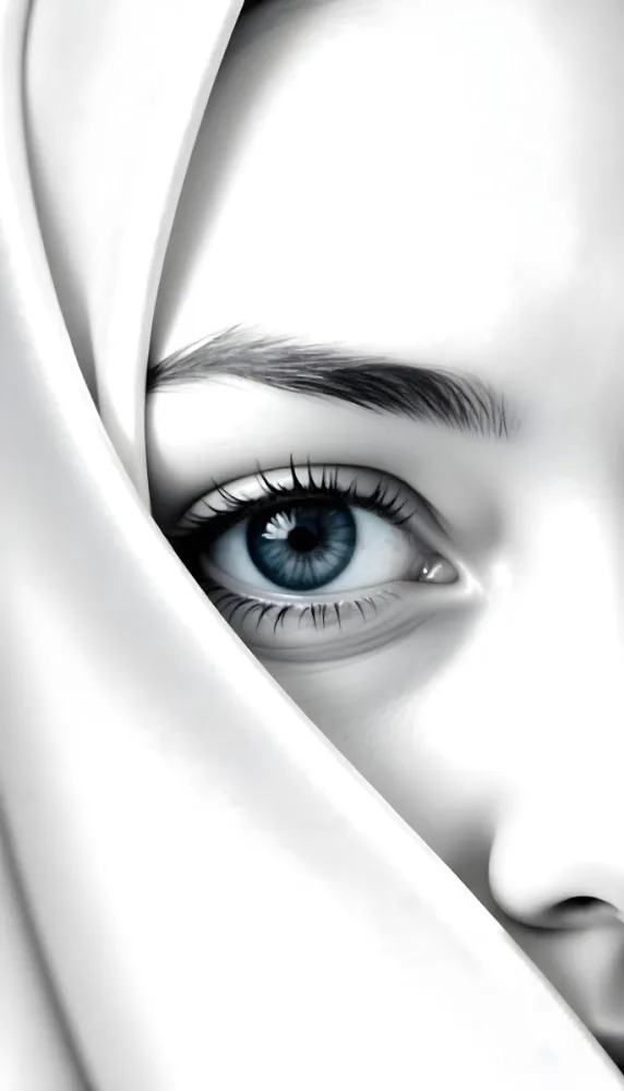 A White Woman Age 25 With Black Eyes And White Eyelashes Partially Covered By A White Silk Veil In A Blue Background 7 Eda6