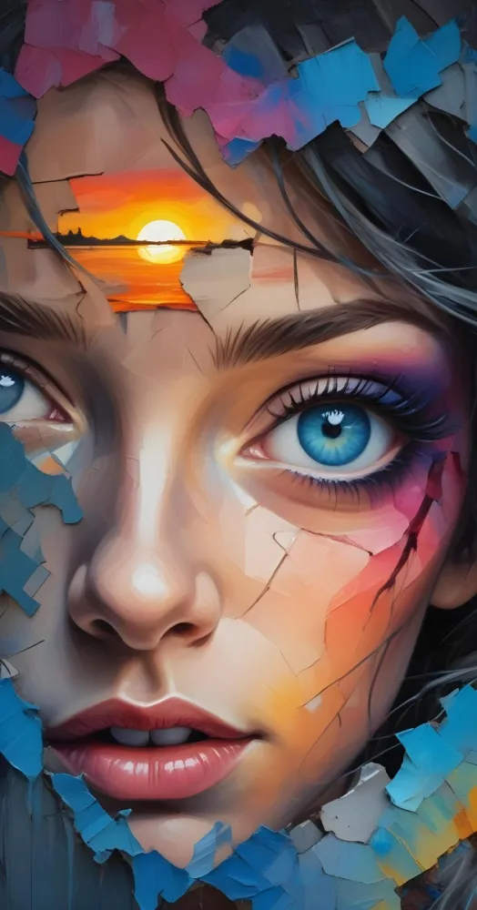 A White Woman Age 25 With Blue Eyes And Colorful Makeup Next To A Cracked Wall With A Sunset Landscape In The Background 10 7140