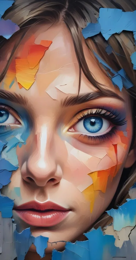A White Woman Age 25 With Blue Eyes And Colorful Makeup Next To A Cracked Wall With A Sunset Landscape In The Background 11 6de0 F1b5