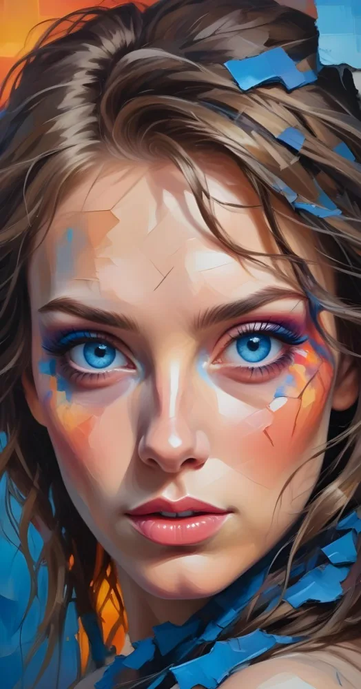 A White Woman Age 25 With Blue Eyes And Colorful Makeup Next To A Cracked Wall With A Sunset Landscape In The Background 7 4520 8133