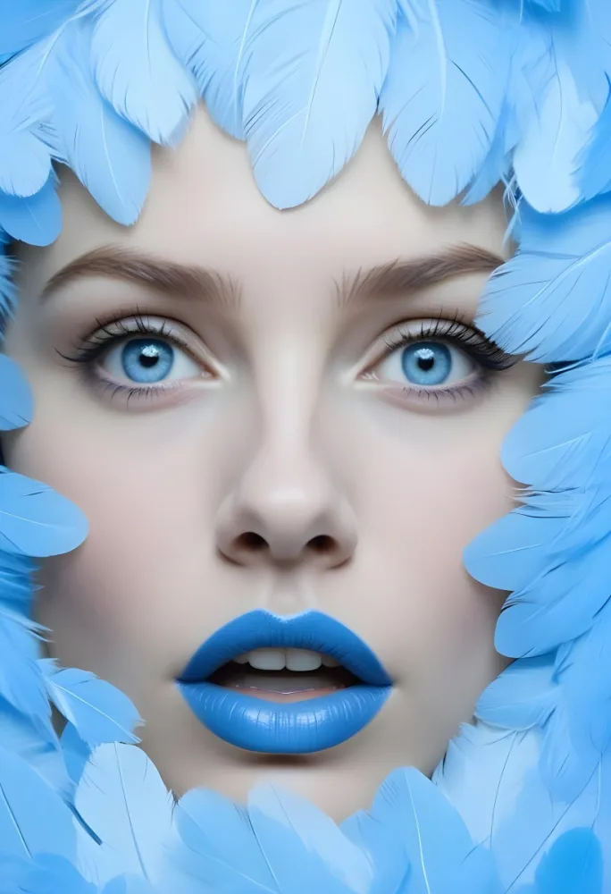 A White Woman Age 25 With Blue Eyes And Lips Surrounded By Blue Feathers In A White Background 25 8ebb