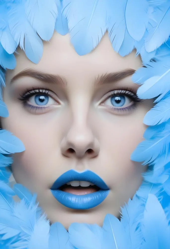 A White Woman Age 25 With Blue Eyes And Lips Surrounded By Blue Feathers In A White Background 31 D550