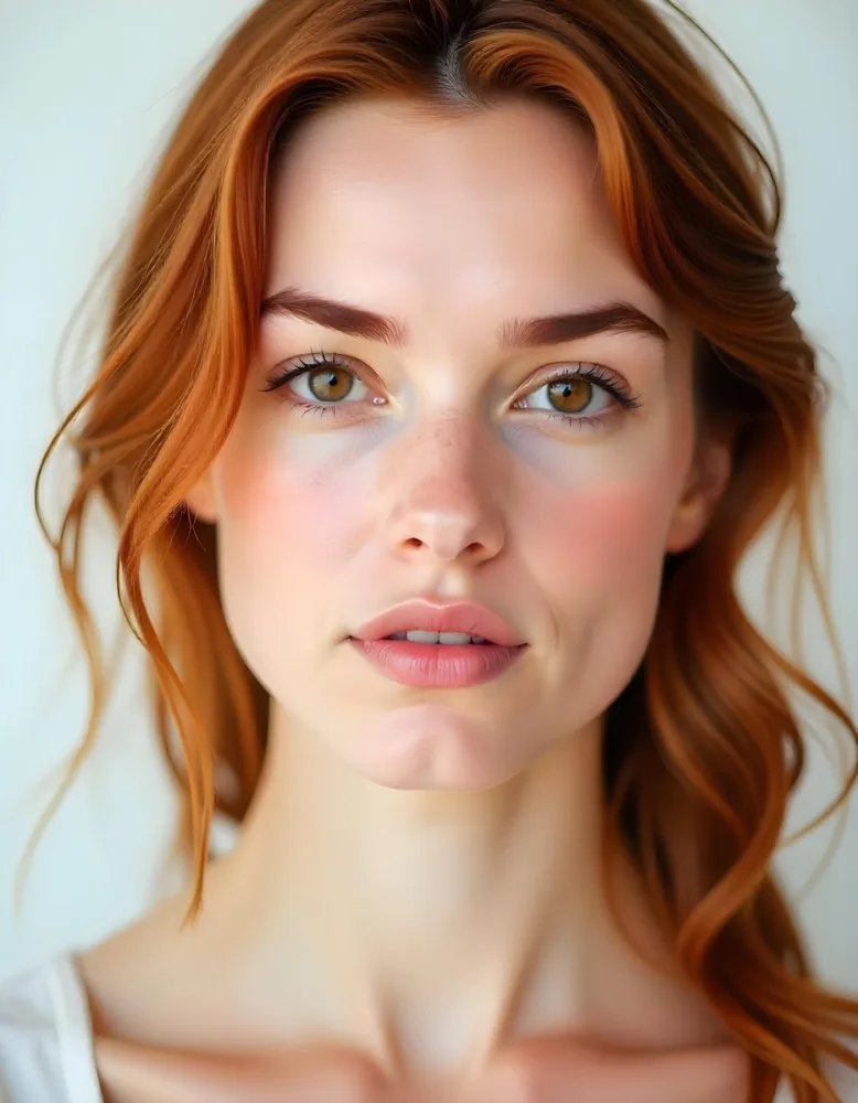 A White Woman Age 25 With Brown Eyes Brown Lips Long Eyelashes Fair Skin And Red Eyebrows On A White Background 38 E186