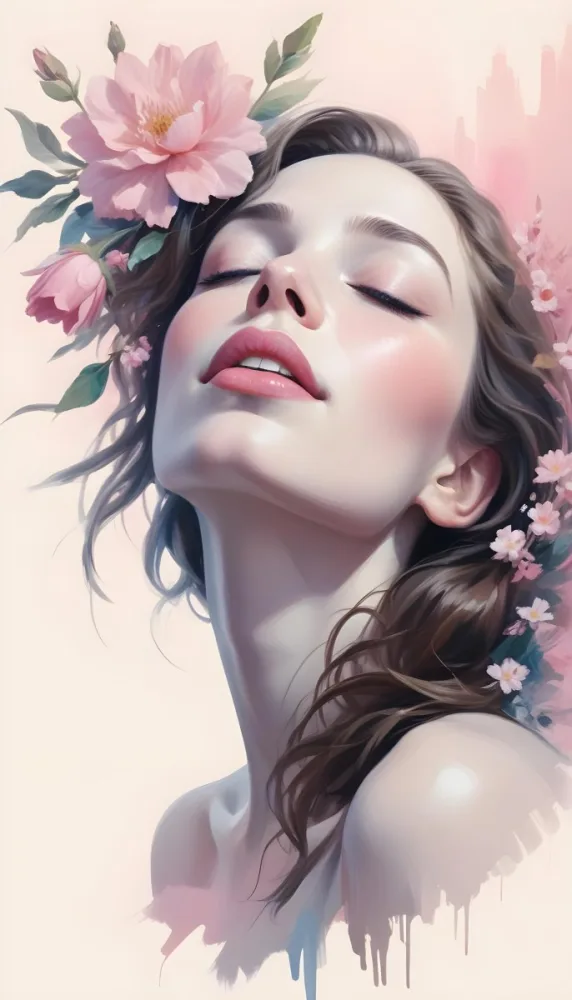 A White Woman Age 25 With Closed Eyes Surrounded By Flowers Light Pink Lips Light Skin In A Pink Background 9 Ef2b