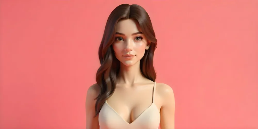 A White Woman Age 25 With Fair Skin And Brown Hair Wearing A Beige Dress Posing In Front Of A Pink Background 17 C64a