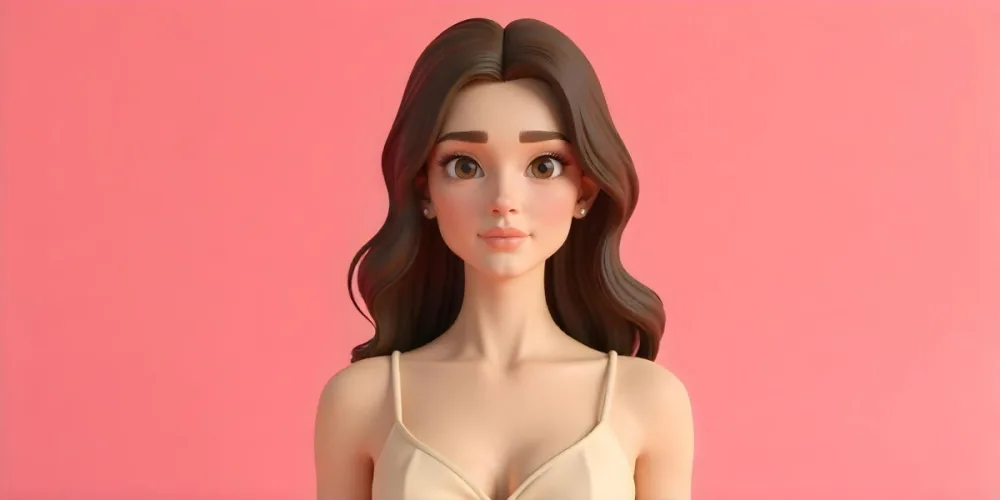 A White Woman Age 25 With Fair Skin And Brown Hair Wearing A Beige Dress Posing In Front Of A Pink Background 18 8a2a