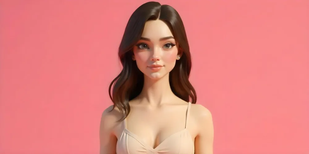 A White Woman Age 25 With Fair Skin And Brown Hair Wearing A Beige Dress Posing In Front Of A Pink Background 32 A81a