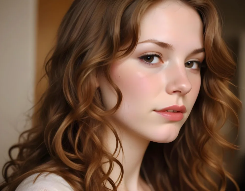 A White Woman Age 25 With Long Wavy Light Brown Hair Closed Eyes Brown Lips And A Blurred Background 15 0716