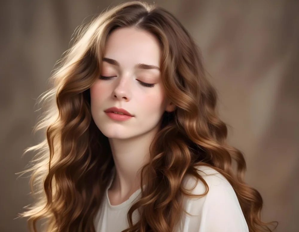 A White Woman Age 25 With Long Wavy Light Brown Hair Closed Eyes Brown Lips And A Blurred Background 4