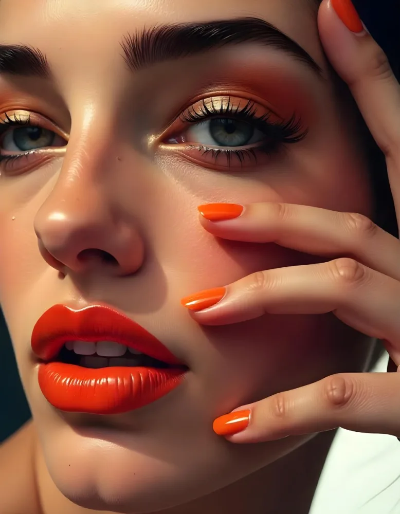 A White Woman Age 25 With Orange Lips And Orange Nails Golden Eyeshadow With Her Hand On Her Face In A Black Background 1 Dd1f