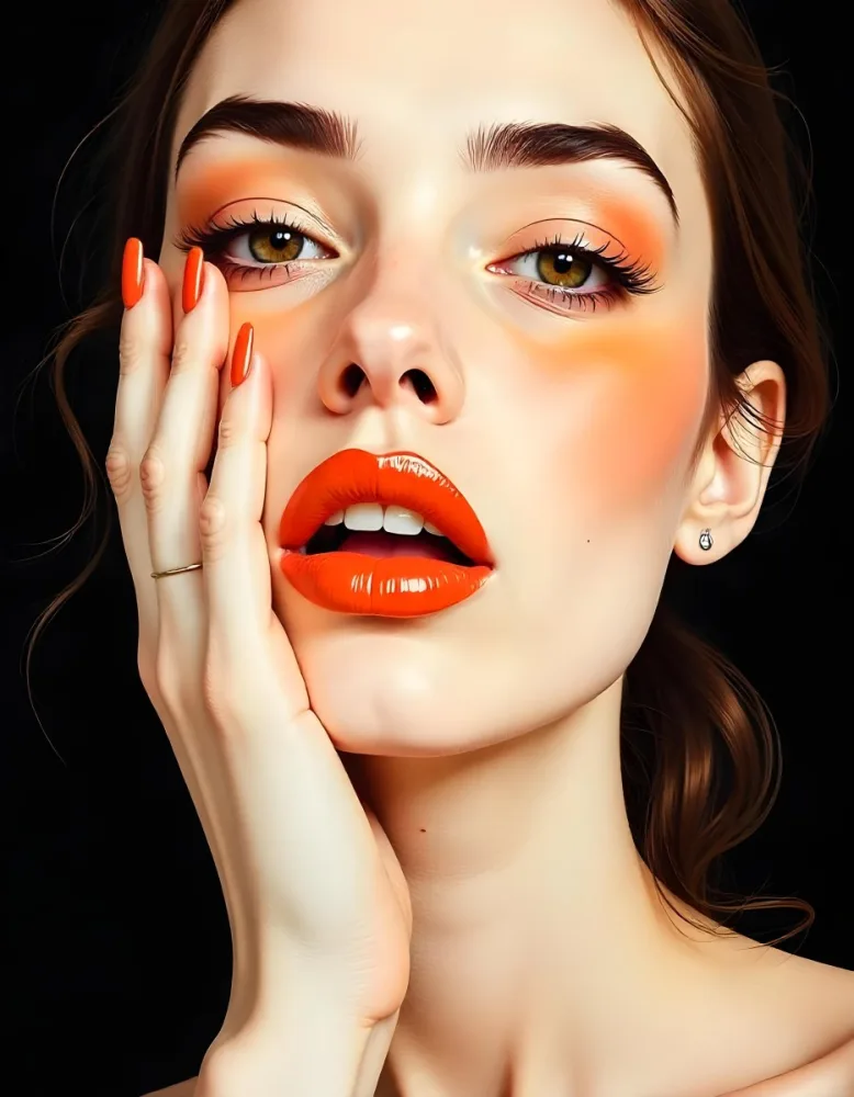 A White Woman Age 25 With Orange Lips And Orange Nails Golden Eyeshadow With Her Hand On Her Face In A Black Background 10 Fe12