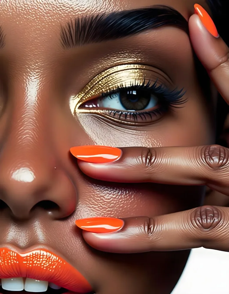 A White Woman Age 25 With Orange Lips And Orange Nails Golden Eyeshadow With Her Hand On Her Face In A Black Background 13 4a5c