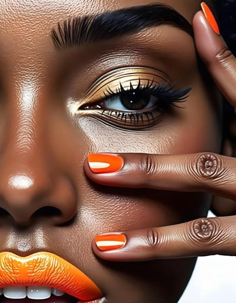A White Woman Age 25 With Orange Lips And Orange Nails Golden Eyeshadow With Her Hand On Her Face In A Black Background 17 9479