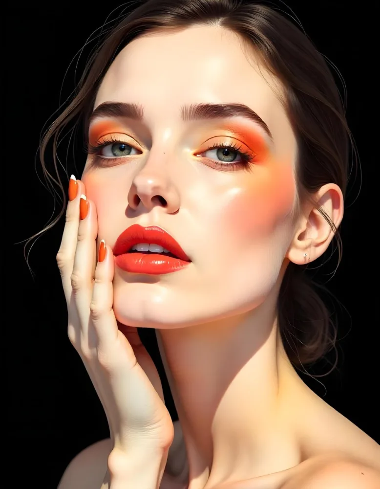 A White Woman Age 25 With Orange Lips And Orange Nails Golden Eyeshadow With Her Hand On Her Face In A Black Background 20 54b0