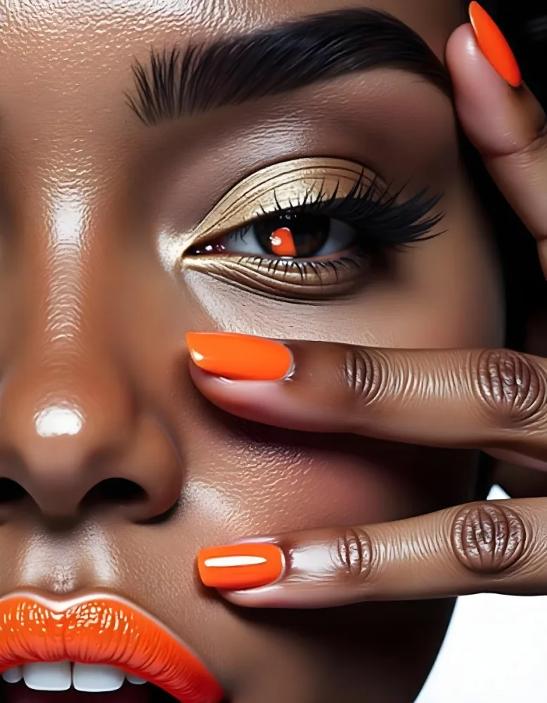 A White Woman Age 25 With Orange Lips And Orange Nails Golden Eyeshadow With Her Hand On Her Face In A Black Background 21 4f12
