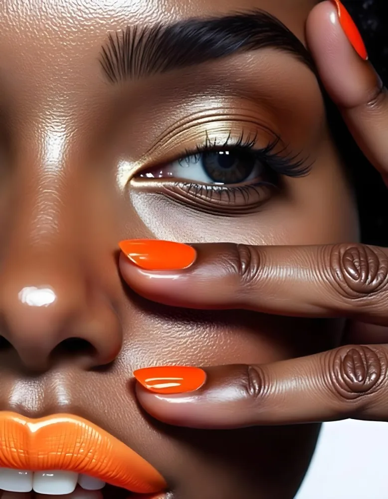A White Woman Age 25 With Orange Lips And Orange Nails Golden Eyeshadow With Her Hand On Her Face In A Black Background 22 11b4