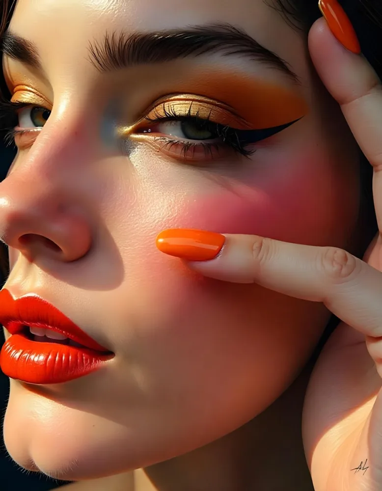 A White Woman Age 25 With Orange Lips And Orange Nails Golden Eyeshadow With Her Hand On Her Face In A Black Background 23 Bd3d