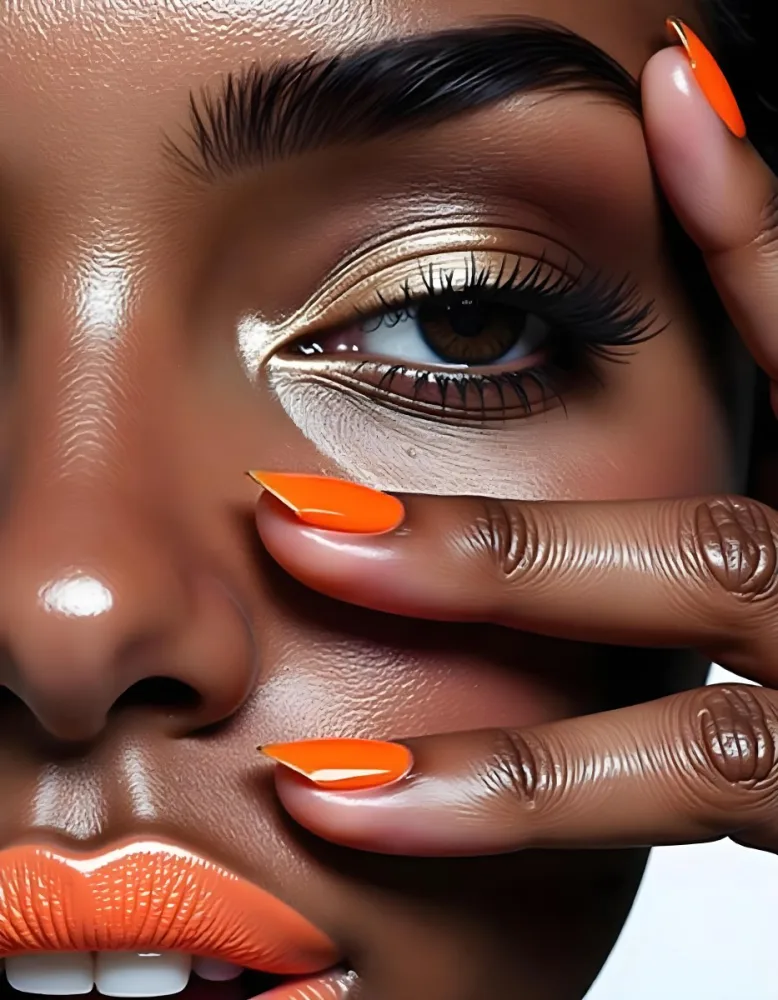 A White Woman Age 25 With Orange Lips And Orange Nails Golden Eyeshadow With Her Hand On Her Face In A Black Background 24 191a