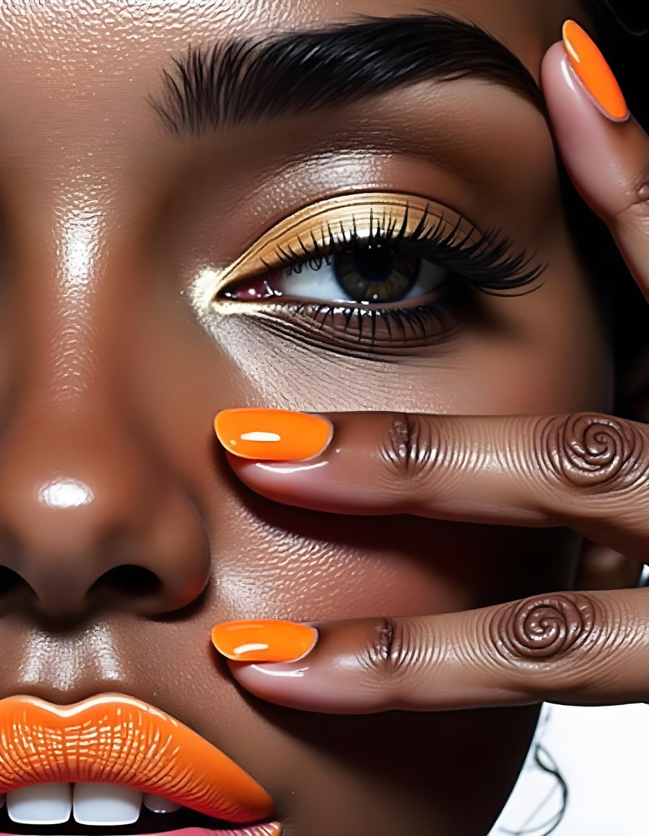 A White Woman Age 25 With Orange Lips And Orange Nails Golden Eyeshadow With Her Hand On Her Face In A Black Background 3 2d9f
