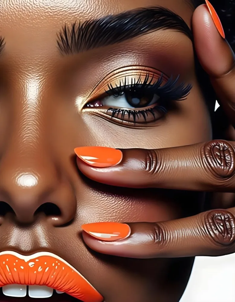 A White Woman Age 25 With Orange Lips And Orange Nails Golden Eyeshadow With Her Hand On Her Face In A Black Background 6 0ed5