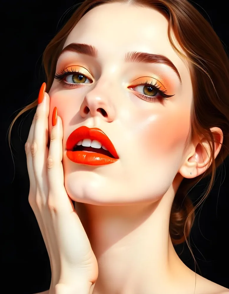 A White Woman Age 25 With Orange Lips And Orange Nails Golden Eyeshadow With Her Hand On Her Face In A Black Background 8 2130