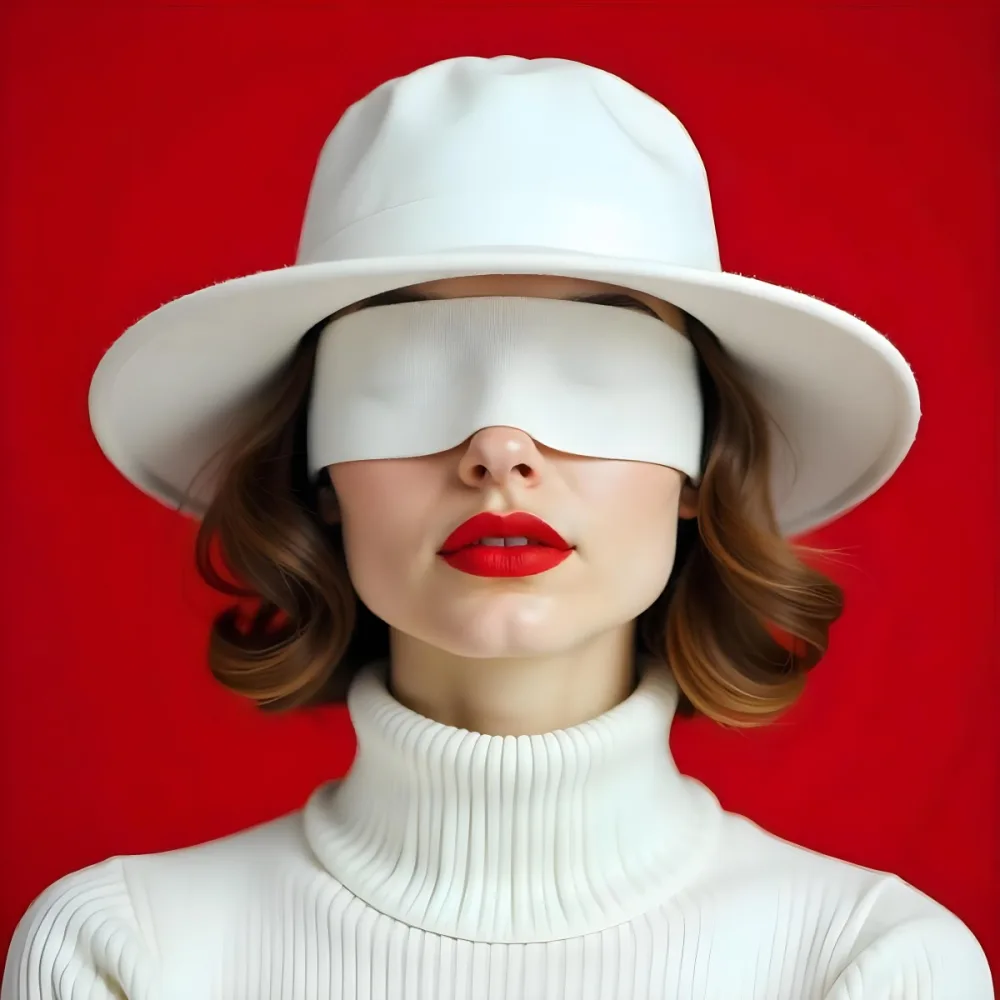 A White Woman Age 25 With Red Lips And A White Hat Covering Her Eyes Wearing A White Turtleneck Sweater Red Background 16 8f86