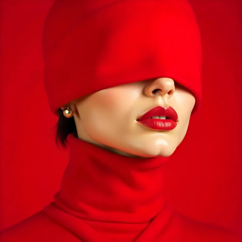 A White Woman Age 25 With Red Lips And A White Hat Covering Her Eyes Wearing A White Turtleneck Sweater Red Background 40 E310