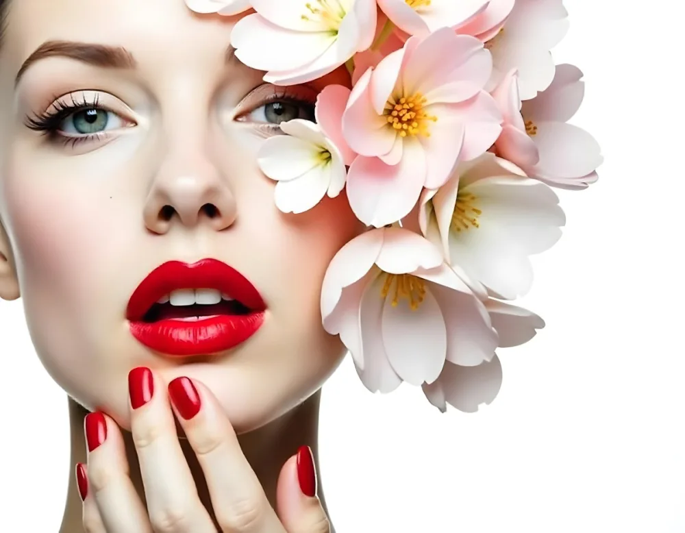 A White Woman Age 25 With Red Lips And Red Nails Flowers On Her Head White Background 6 Cab4