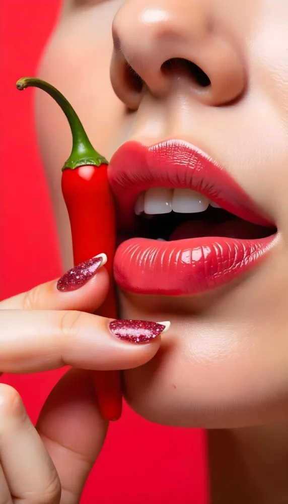 A White Woman Age 25 With Red Lips Holding A Red Chili Pepper With Her Finger White Glitter Nails White Background 76 2442