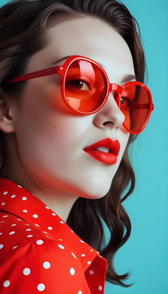 A White Woman Age 25 With White Lips And Sunglasses Red Shirt With Black Polka Dots In A White Background 2 1c2a
