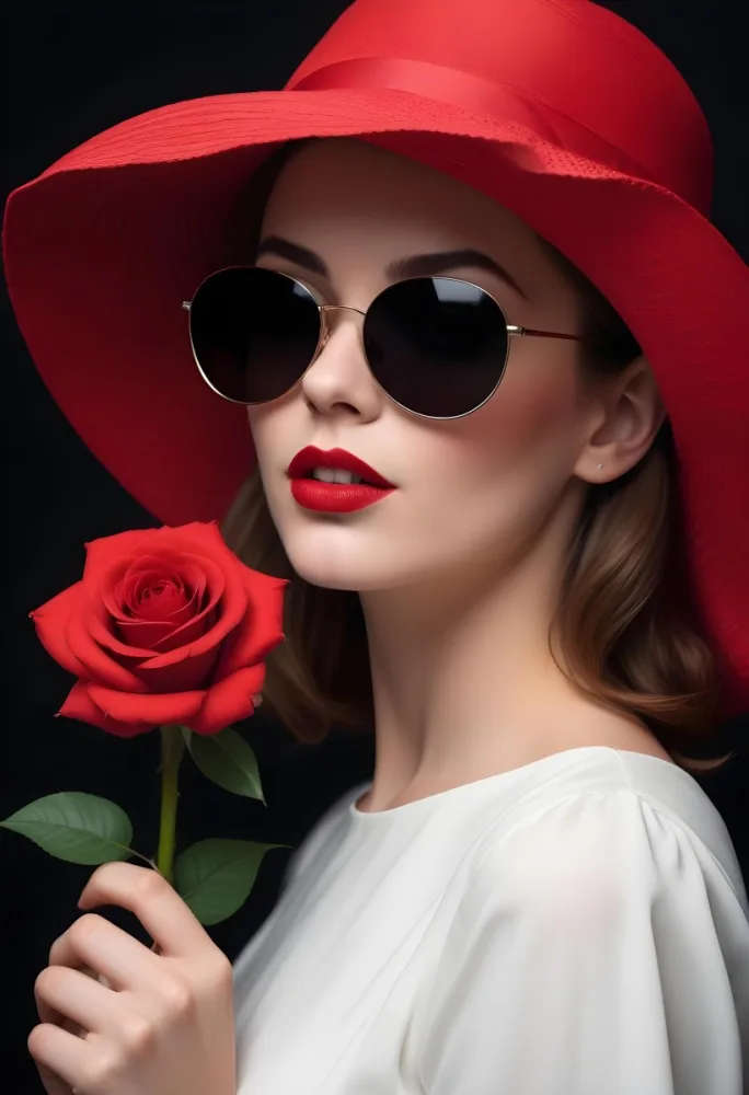 A White Woman Age 27 With A Red Hat And Sunglasses Holding A Red Rose Wearing A White Dress With Red Lipstick In A Dark Background 3 5ae1