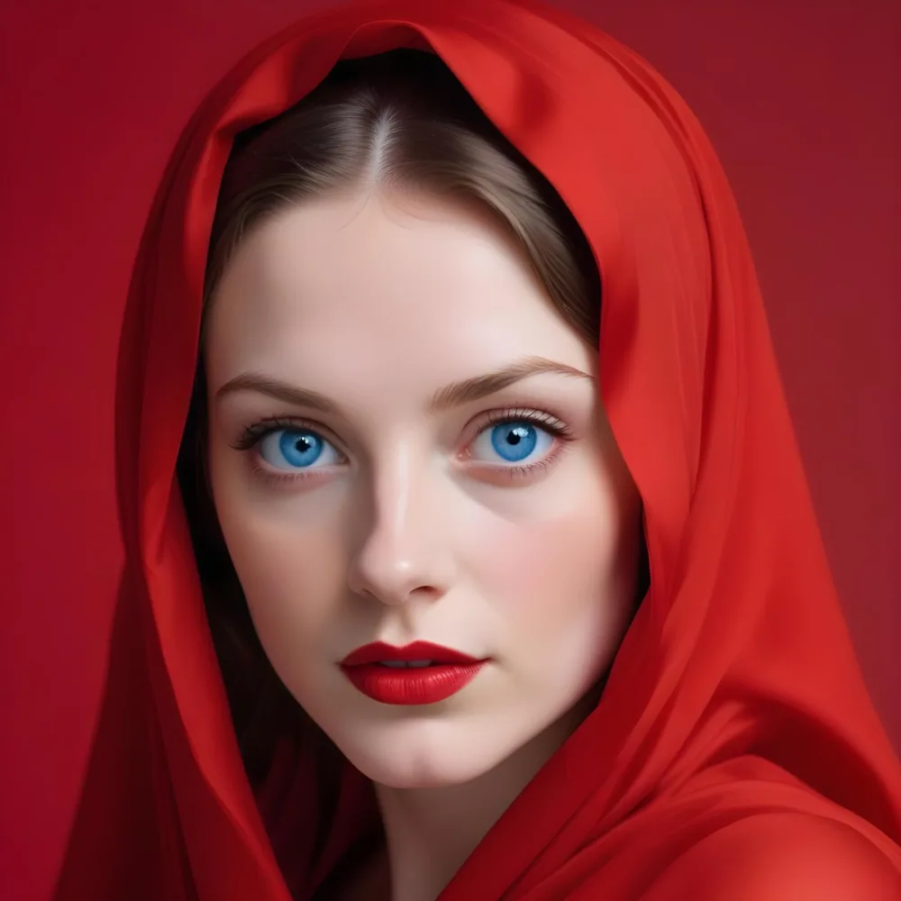 A White Woman Age 28 With Blue Eyes And Red Lips Wearing A Red Veil In A Studio With A Red Background 20 054f