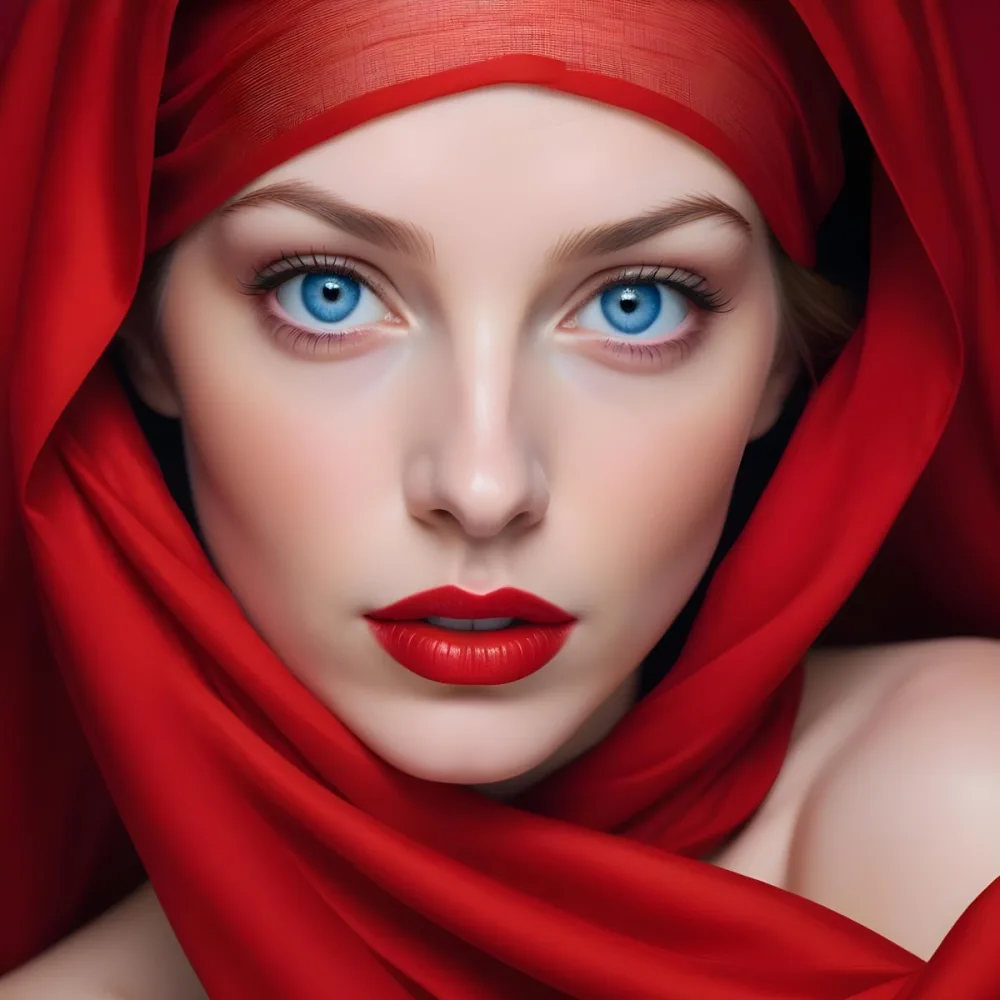 A White Woman Age 28 With Blue Eyes And Red Lips Wearing A Red Veil In A Studio With A Red Background 22 B31c