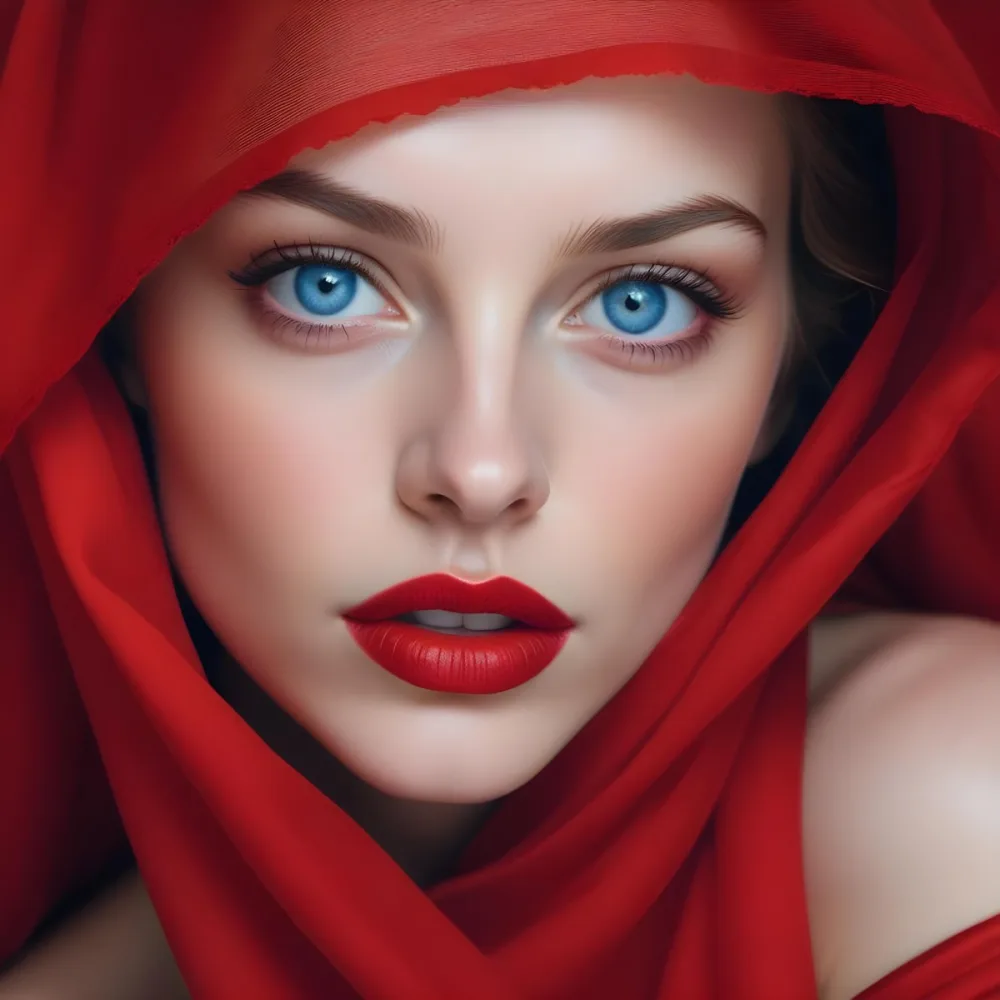 A White Woman Age 28 With Blue Eyes And Red Lips Wearing A Red Veil In A Studio With A Red Background 25 C53f