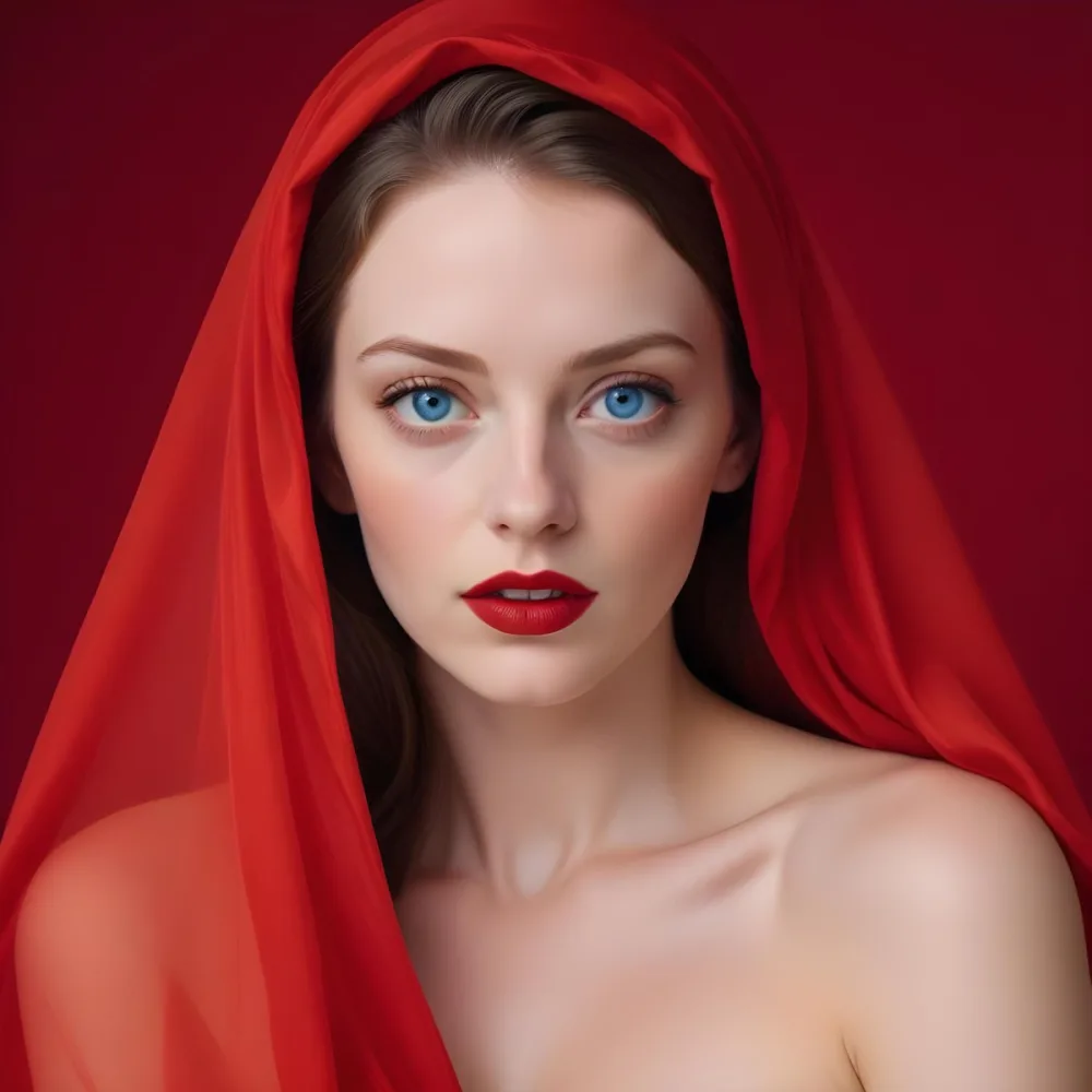 A White Woman Age 28 With Blue Eyes And Red Lips Wearing A Red Veil In A Studio With A Red Background 30 8010
