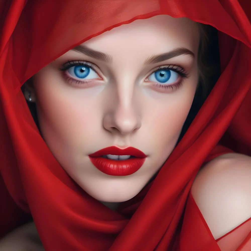A White Woman Age 28 With Blue Eyes And Red Lips Wearing A Red Veil In A Studio With A Red Background 34 463a
